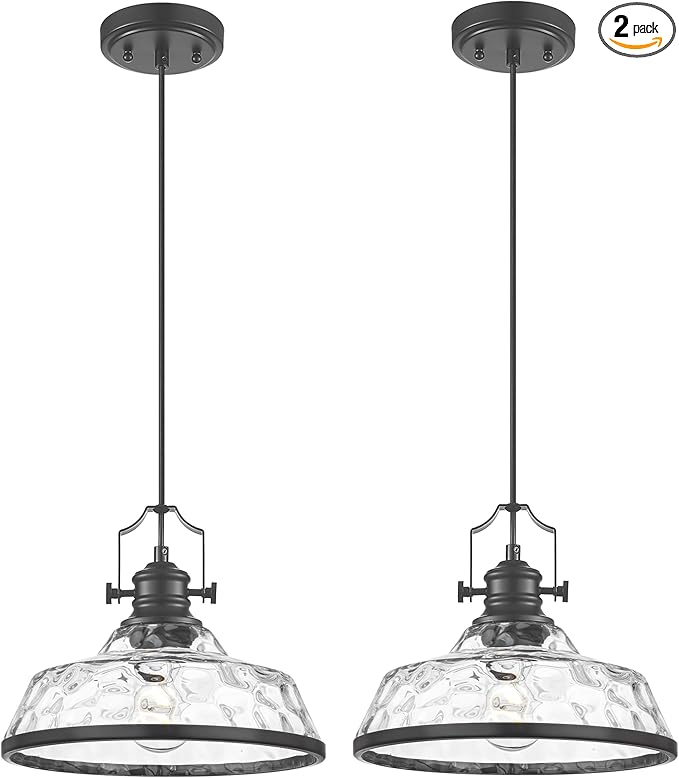 kudos 2 Pack Pendant Lights Kitchen Island, 11" Black Kitchen Island Lighting with Clear Hammered Glass Shade, Farmhouse Large Hanging Light Fixture for Kitchen Sink Dining Room, KDPL13-BK-H-2PK