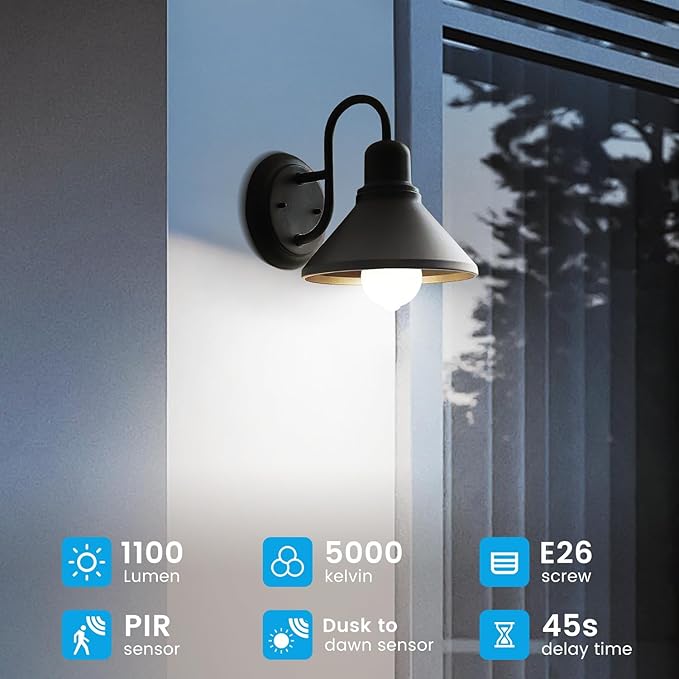 Motion Sensor Light Bulbs, Dusk to Dawn, 13W 100W Equivalent, Movement Activated Security LED Bulb, 5000K Cool White, for Outdoor Indoor, Porch Garage Basement Hallway Closet, 4 Pack
