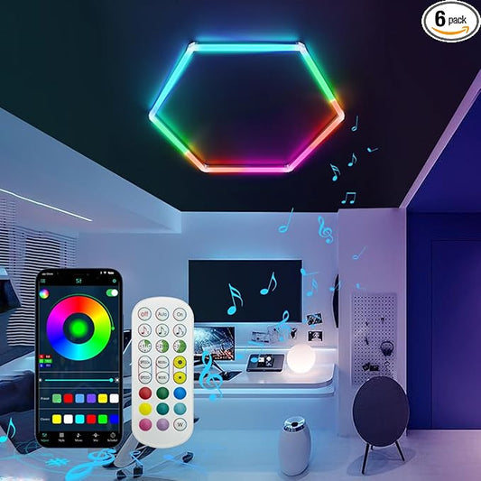 RGB Hexagon LED Lights, 356 Colors Mode w/Music Sync LED Garage Lights, Smart App & Remote Control, DIY Honeycomb Ceiling Light for Studio Gym Basement Decor (RGB 1 Hexagon)