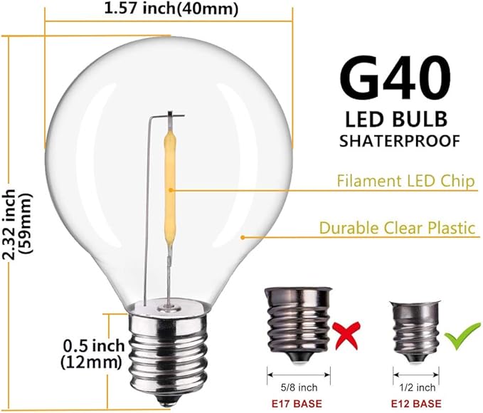 KGC Plastic C7/G40 Replacement LED Light Bulbs - 0.6W Equivalent to 7W Incandescent Bulbs 2700K, E12 Screw Base Shatterproof & Waterproof LED Globe Light Bulbs for Outdoor String Lights (25 Pack)