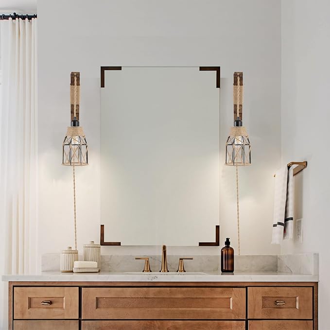 SEEBLEN Plug in Wall Sconces Set of 2,Farmhouse Hanging Lamps That Plug into Wall Outlet, Rustic Metal Cage Sconce with Wooden Bracket for Bedroom Living Room Headboard.
