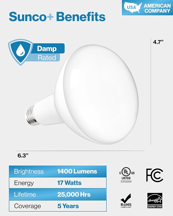 Sunco 8 Pack BR40 LED Light Bulbs, Indoor Flood Lights, Recessed Can Light Bulb, 1400 LM, 17W (100W Equivalent), 5000K Daylight, Dimmable, E26 Base, for Home, Bedroom, Kitchen UL.