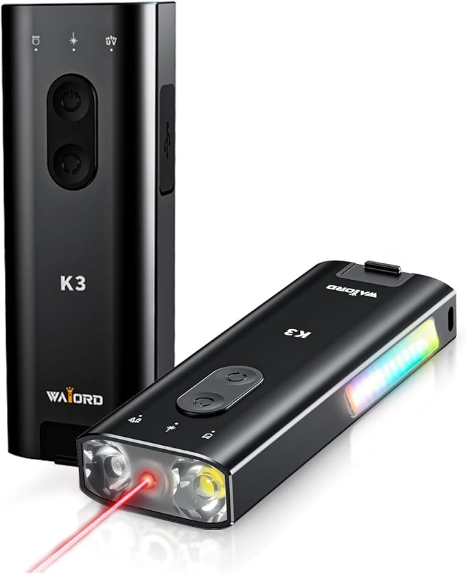 K3 EDC Flashlight with White Beam, Red Beam & 365nm UV, RGB Ambient Side Light, Magnetic Side, Built-in Electric Lighter, Rechargeable Compact Torch with Lanyard for Outdoor & Emergency