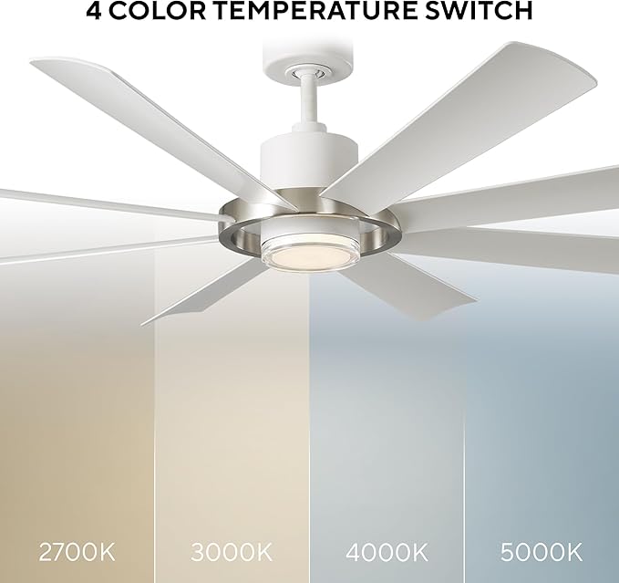 Modern Forms Aura Indoor and Outdoor 8-Blade 60in Smart Ceiling Fan in Matte White Brushed Nickel Ring with 2700K-3000K-4000K-5000K Selectable LED Light Kit and Remote Control works App