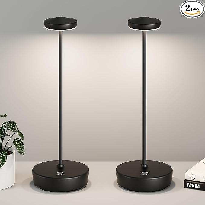 Cordless Table Lamp Rechargeable 2Pack - LED Battery Table Light with 3 Color Temperatures, Stepless Dimming, Waterproof Aluminum for Indoor Outdoor, Patio, Restaurant, Dinner (Black)
