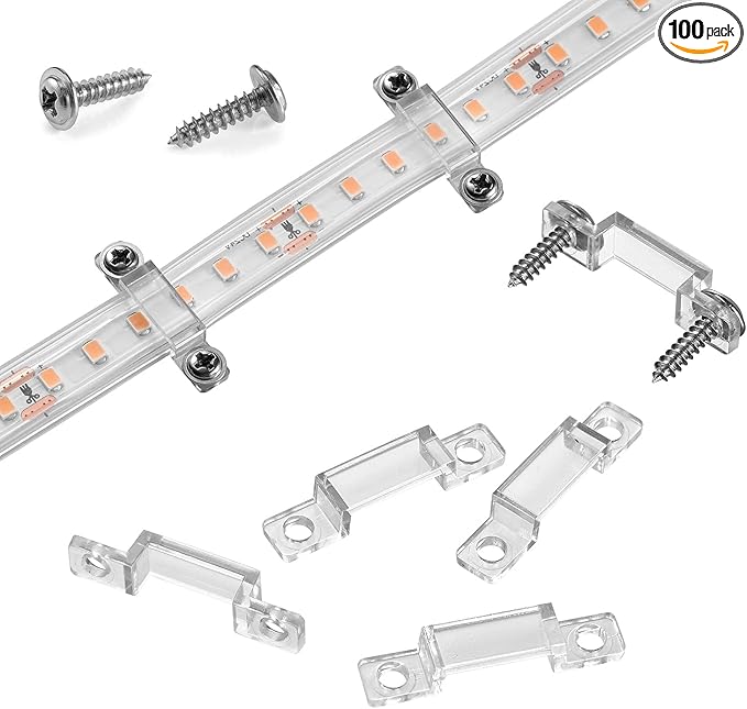 MMSD 100 Pack LED Strip Light mounting Brackets Stripe Light Holder LED Tape Hook Rigid Clips with 202 Screws Suit for 12mm Wide IP67/68 Waterproof Strip Light