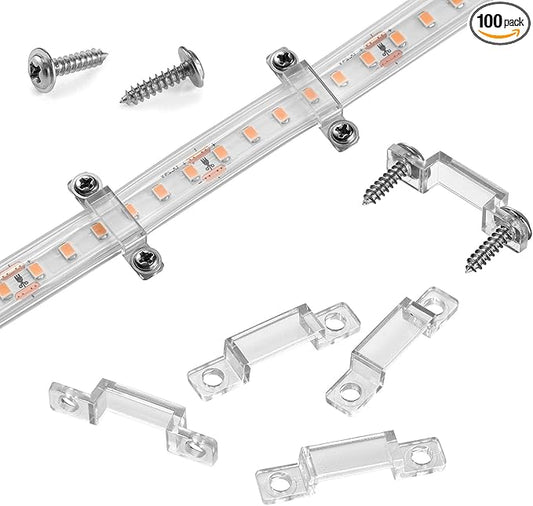 MMSD 100 Pack LED Strip Light mounting Brackets Stripe Light Holder LED Tape Hook Rigid Clips with 202 Screws Suit for 12mm Wide IP67/68 Waterproof Strip Light