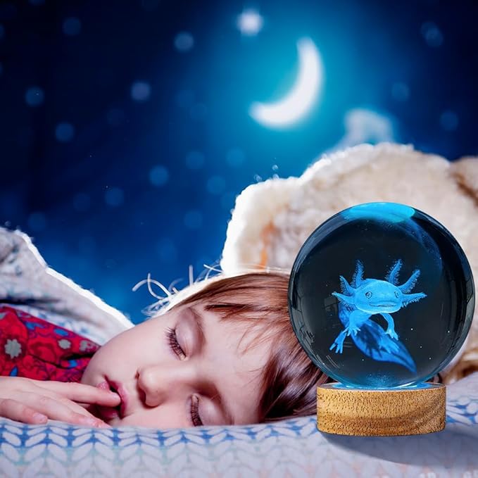 3D Axolotl Crystal Ball Night Light with Woodern Base,16 Colors with Remote Control Cool Desk Decor Gifts for Kids Friends (Axolotl-b)