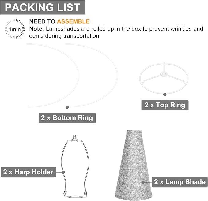 Empire Lamp Shades Set of 2, Gray Large Lamp Shades for Table Lamps Floor Lamps, 6" Top x 16" Bottom x 10.8" High, Natural Linen Lampshades Replacement, Include Spider, Harp Holders, Easy Assembly