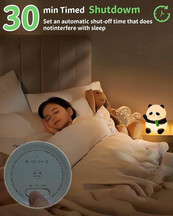 Panda Night Light Squishy, 50Hrs Battery Kids Nightlight, Tap Control 2 Brightness, 30Min Auto-Off, Rechargeable Bedside Lamp for Nursery Toddlers, [Easter Gifts]