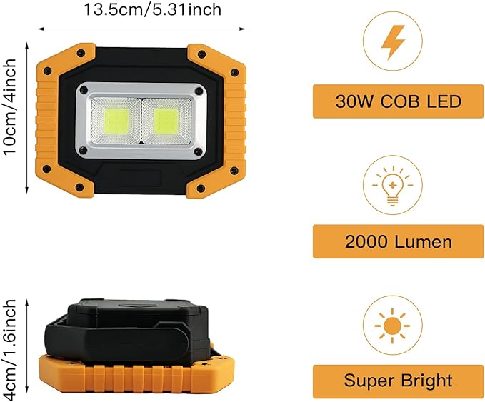 Tekstap LED Work Light Rechargeable, 30W 2000LM Portable Waterproof Rechargeable Work Lights with Stand, Battery Powered COB Flood Lights for Power Ouage Emergency Outdoor Camping Garage
