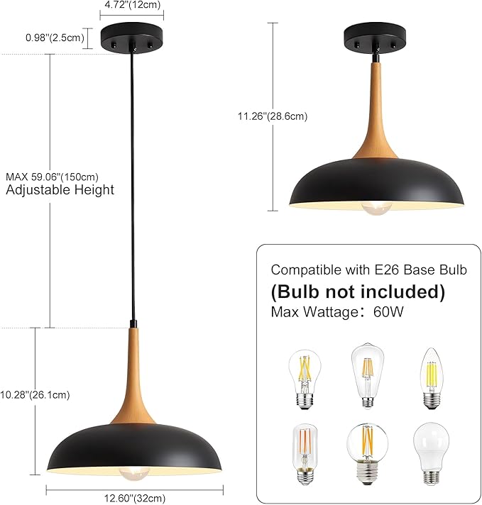 Black Pendant Lights Kitchen Island,Modern Pendant Light Fixtures,Farmhouse Adjustable Hanging Pendant Lighting for Foyer Entryway Hallway Bedroom Dining Room Living Room,Faux-Wood,Small 12.6 inch