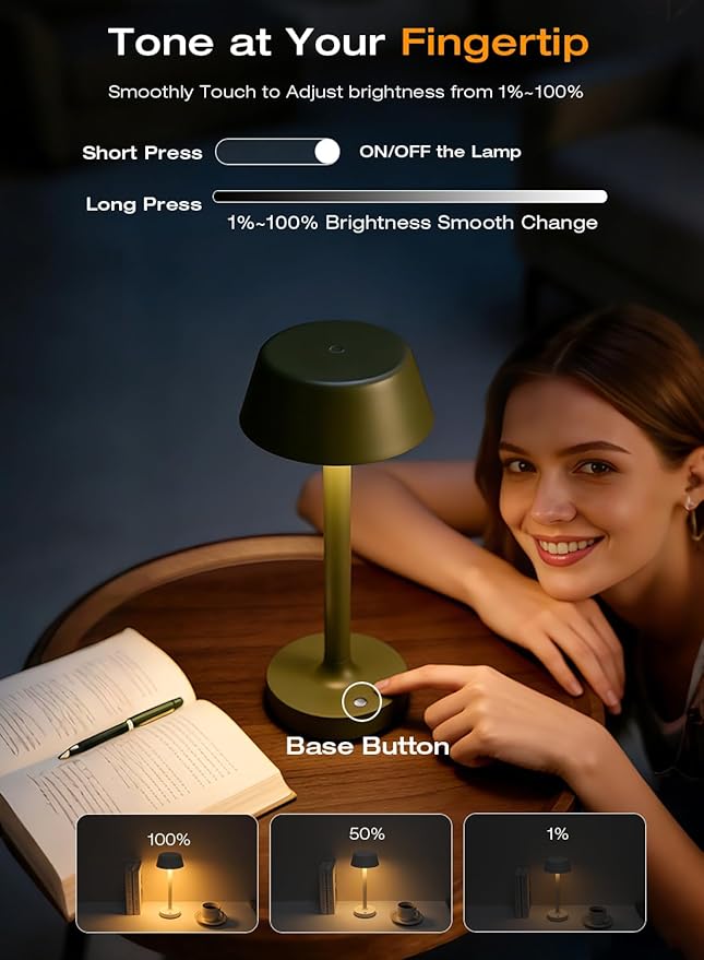 Cordless Rechargeable Table Lamp with Power Charger,Portable LED Desk Lamp,5000mAh Battery Operated,2700K-5700K Tunable,Stepless Dimming for Bedroom Bedside Touch Night Light,Green