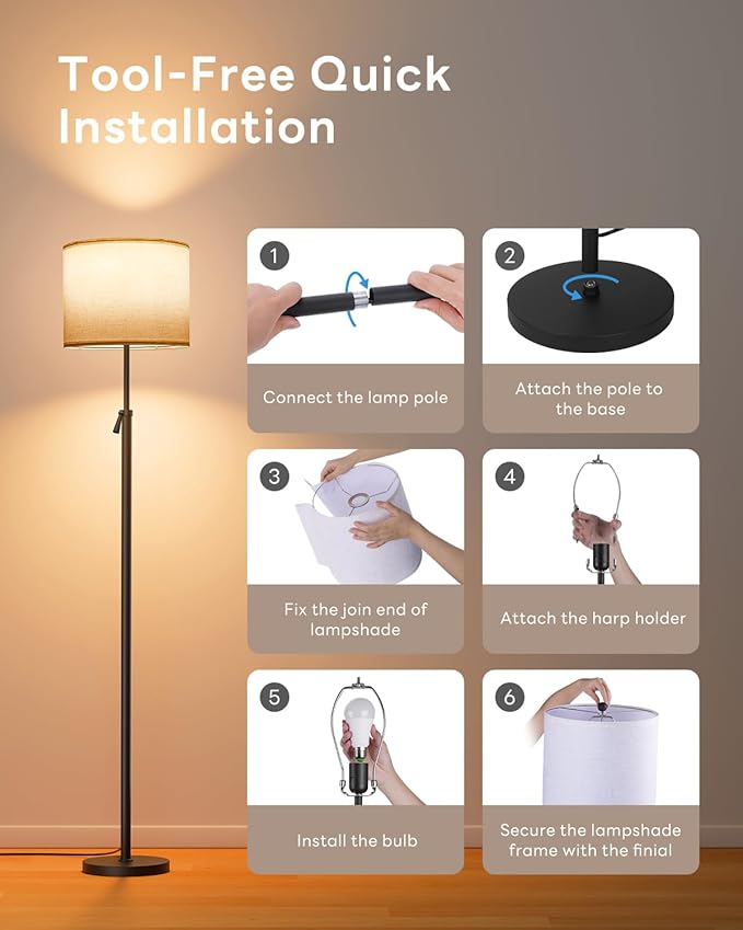 Floor Lamp for Living Room with RGBCW Color Changing Bulbs Dimmable, Adjustable Height Standing Lamp with Remote Control, 10W 1200 Lumen, Tall Lamp for Living Room, Bedroom, Office, Black