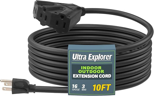 10 Ft Outdoor Extension Cord with 3 Electrical Power Outlets - 16/3 SJTW Long-Lasting Black Cable with 3 Prong Grounded Plug