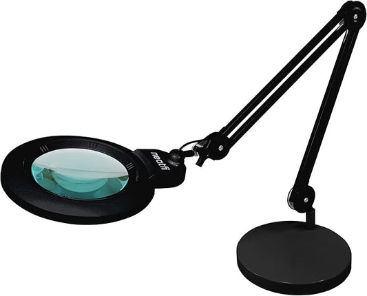 Neatfi XL Bifocal LED Magnifying Lamp – 7-Inch Acrylic Lens, 2.25x & 6X Magnification, 1,600 Lumens, Dimmable LED, Adjustable Arm, Hands-Free Close Work (Black, with Base)