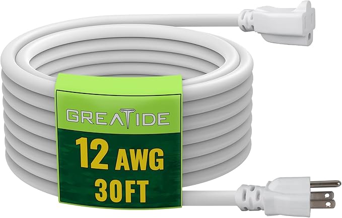 30 Ft Outdoor Extension Cord - 12/3 SJTW Heavy Duty White Extension Cable with 3 Prong Grounded Plug - Power Cord for Lawn, Garden, Appliances