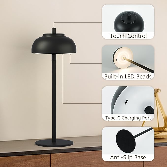 Cordless Table Lamps Rechargeable - 5000mAh Battery Operated Table Lamp, 3 Color Stepless Dimming Portable LED Table Light for Restaurant/Bedroom/Bars/Cafe/Outdoor/Camping(Black 2 Pack)