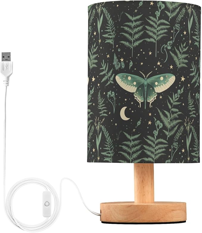 Fustylead Mystical Green Moth with Stars Moon Ferns Bedside Table Lamps with USB Port for Bedroom Lamp Small Nightstand Lamp Sturdy Linen Shade Wooden Decorative Lamps for Living Room Home Dorm Kids