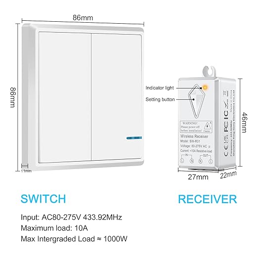 NineLeaf Wireless Lights Switch 2 Gang 1 Way, Smart Light Switch, Wireless Panel LED Light House Lighting IP66 Waterproof No Wiring Required, Easy to Install (Only 1 Two-Gang Switch)