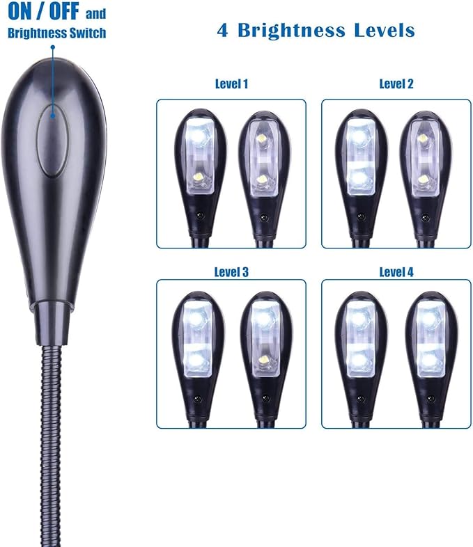 10 Pack Music Stand Lights - Musician Piano Light Clip On, USB & AAA Battery Powered, Eye Care & Portable, LED Book Reading Lamp, 4 Brightness, Ideal for Orchestra, Sheet Music, Guitar (Dual Arm)