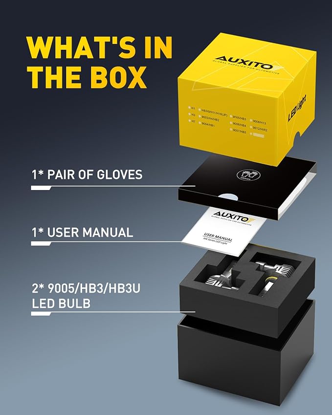 AUXITO 9005 LED Bulbs HB3 Light 6500K Daylight White Ultra-Bright, 60W Fanless Fog Light Bulb,True 1:1 Size, Plug-N-Play, Pack of 2