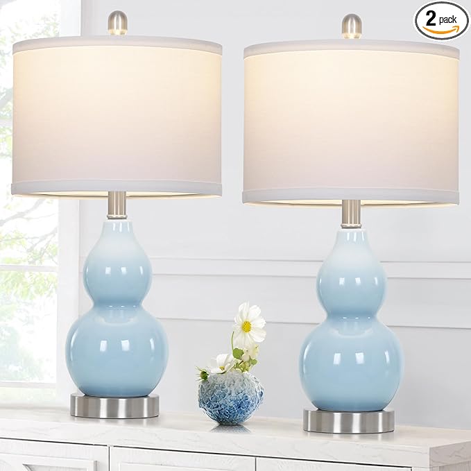 Double Gourd Ceramic Table Lamps Set of 2, Modern Blue Bedside Lamps for Night Stand, Contemporary Nightstand Lamps for Bedroom Living Room (Bulb Included)