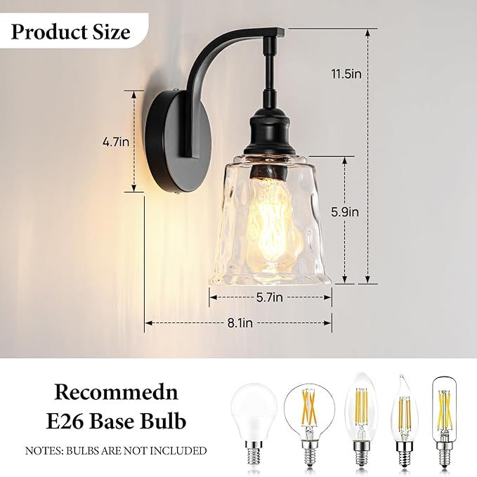 Blck Wall Sconce, Modern Matte Black Sconces Wall Lighting, Vintage Glass Light Fixtures for Bathroom Vanity Mirror Living Room Bedroom Kitchen Hallway Stairway E26 Hardwire