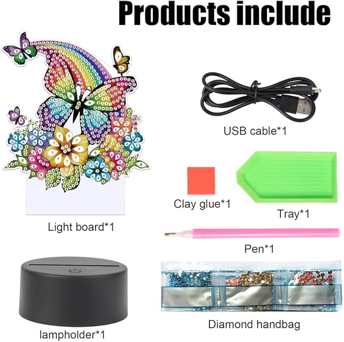 Rainbow Butterfly Diamond Art Painting Night Light,Diamond Art Painting Kits Desktop Touch Lamp Ornaments for Tabletop Decor Diamond Art Accessories for Adult Beginner Bedrooms Living Room