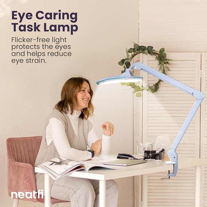 Neatfi Elite HD XL LED Desk Lamp, 3 Light Modes, 90PCS SMD LED, Non-Polar Dimming, Bright Eye-Caring Lighting for Home Office, Drafting, Beauty Shop, Workbench (CCT with Clamp, Blue Ring, 17 Inches)