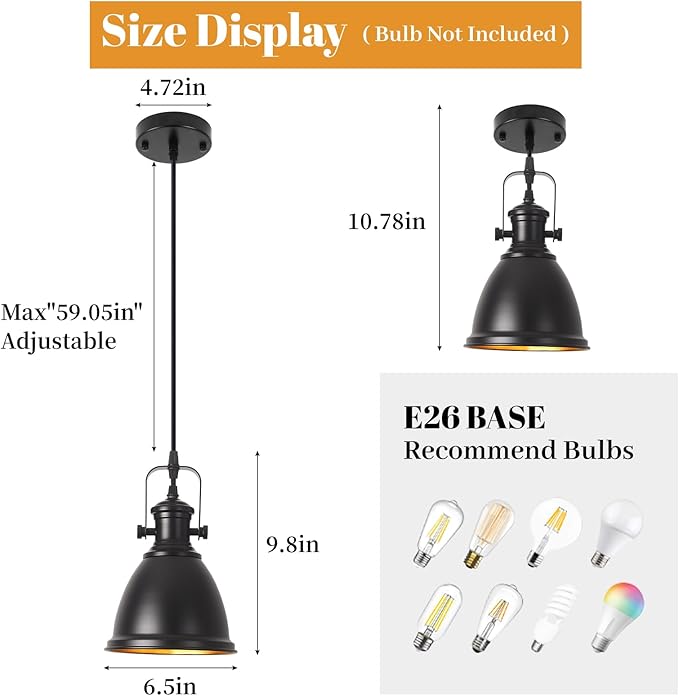 Black Pendant Light 2 Pack, Farmhouse Pendant Light, 6.5 inches Kitchen Island Lighting, Industrial Pendant Light Fixtures, Black Pendant Lights Kitchen Island Dining Room Bedroom
