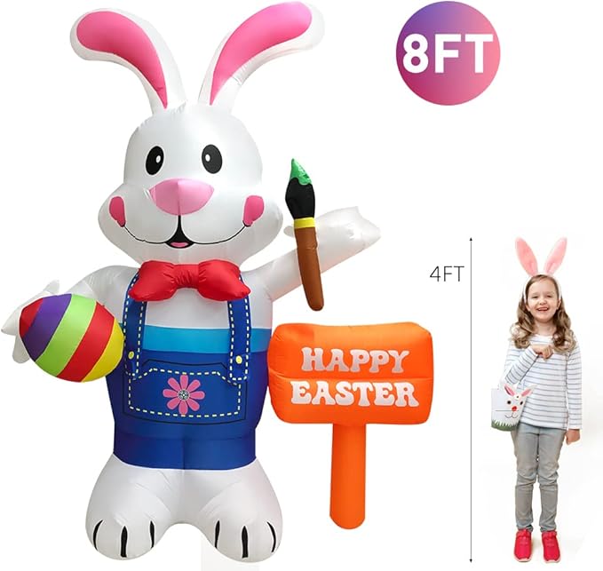 Domkom 8FT Easter Inflatable Decorations Standing Bunny Holding Egg and Paintbrush, Build-in LED Lights Holiday Blow Up Yard Decoration, for Easter Holiday Party, Outdoor,Garden, Yard Lawn Decor