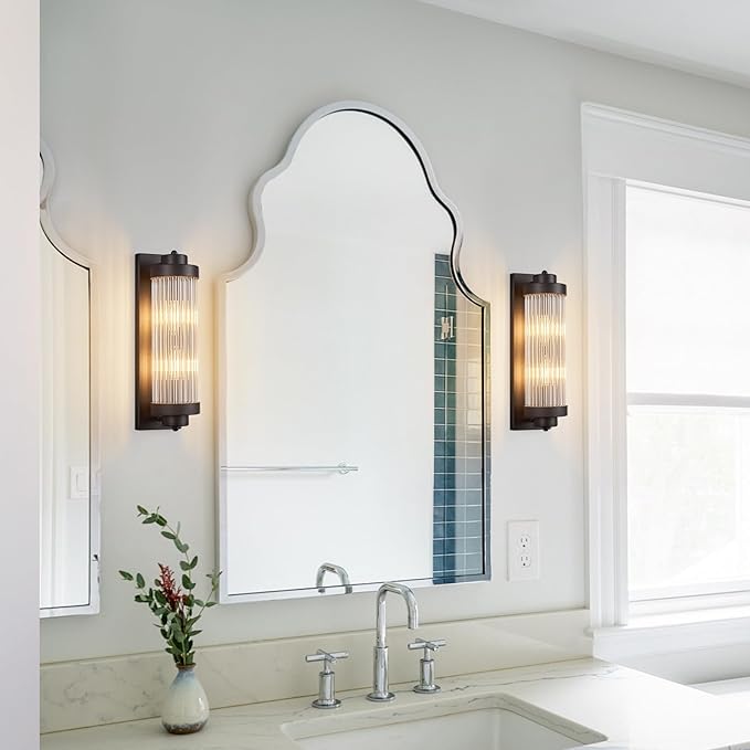 Black Wall Sconces with Crystal Glass Strip Bathroom Sconces Modern Wall Lights for Bedroom Living Room Hallway Wall Light Fixtures, 2 Light E12 Base
