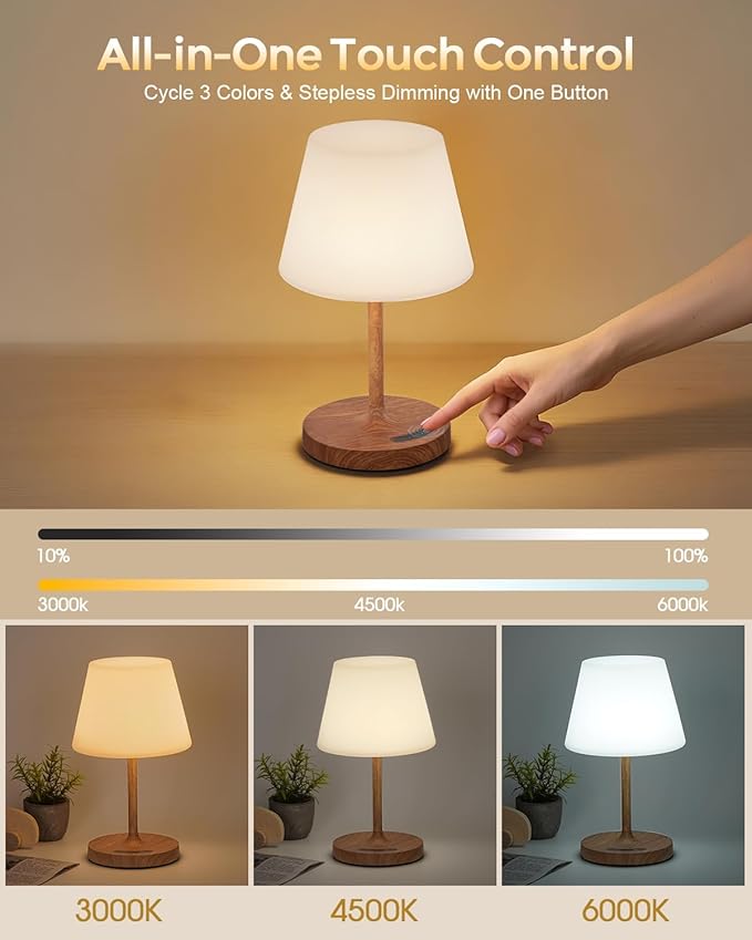 Cordless Touch Table Lamp, 4000mAh Rechargeable Small Desk Lamp with 3 Color Temperatures & Stepless Dimming, Portable LED Bedside Lamp for Bedroom, Living Room, Patio & Camping, Wood Grain