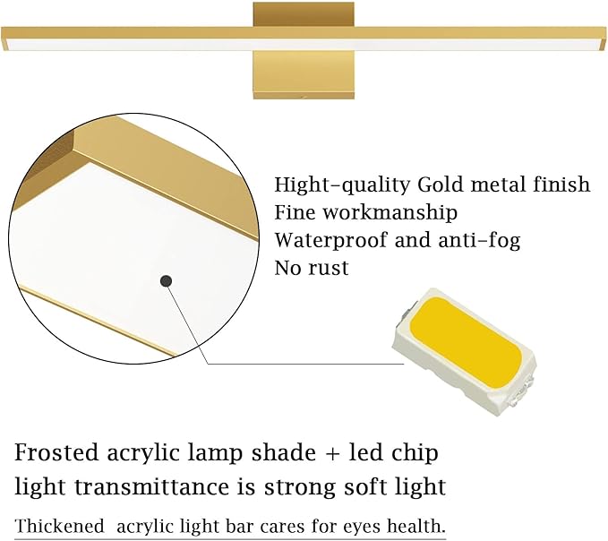 Ralbay 24inch Modern Gold Bathroom Vanity Light 20W Frosted Aluminum Modern LED Gold Bathroom Light Fixtures White Light 6000K