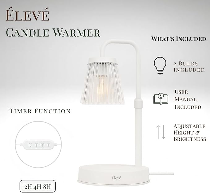 Elegant Electric Candle Warmer Lamp with Timer, Minimalistic Glass Shade, Adjustable Dimmer, Flameless Candle Warmers for Unique Home Decor, Cozy Gifts for Easter & Housewarming (White)
