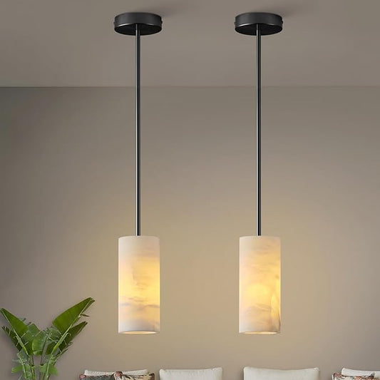 Alabaster Pendant Light Kitchen Island, H-9.5in Black Pendant Light Fixtures with Natural Marble Shade, Adjustable Ceiling Pendant for Dining Room, Living Room, Bedroom & Bathroom