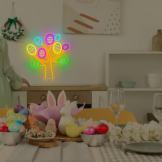 Easter Neon Sign for Wall Decor Easter Egg Tree Neon Light Egg Trees Led Sign Easter Decorations Dimmable Eggs Light Up Signs for Window Party Gifts Bedroom Holiday Spring Bar Home Business