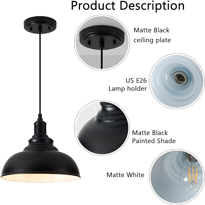 1 Pack Farmhouse Pendant Light Black Pendant Lighting for Kitchen Island Industrial Hanging Barn Light Pendant Lighting Over Island Sink Light Fixtures