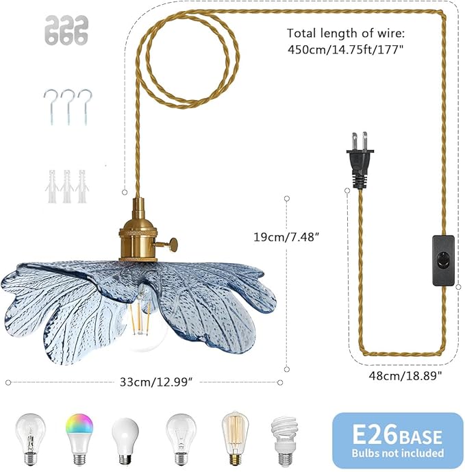 Plug in Pendant Light 2 Pack, Hanging Light with Plug in Cord On/Off Switch Modern Pendant Light fixtures with Blue Glass Shade Plug in Hanging lamp for Kitchen Dining Room Bedroom