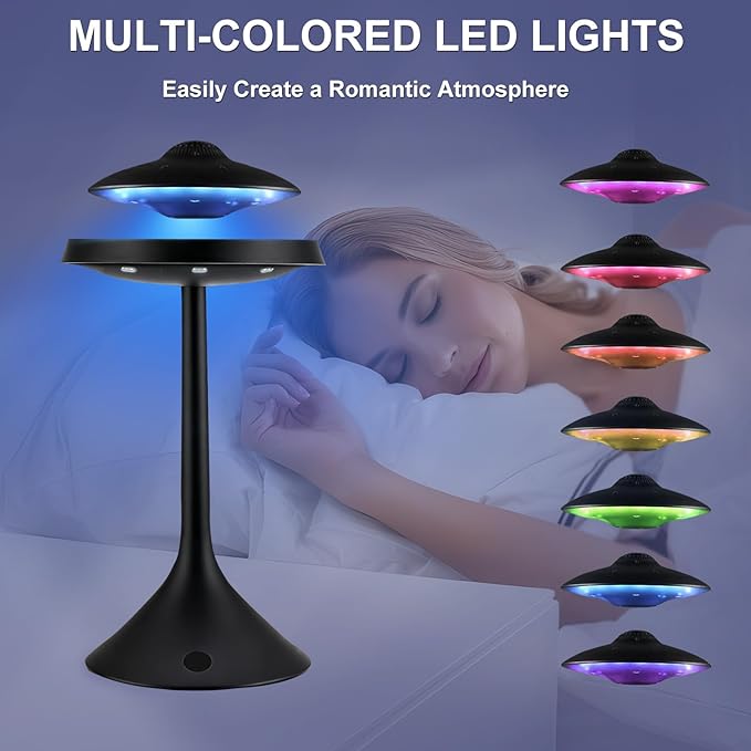 Magnetic Levitation Bluetooth UFO Speaker, Levitating UFO Speakers with Seven Color Night Lamp, Wireless Charging LED Lamp Bluetooth Speaker, 360°Rotating UFO Lamp (Black)