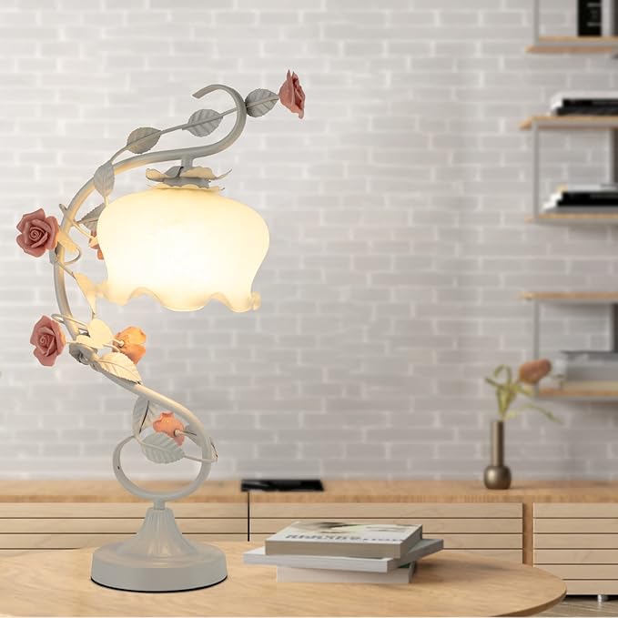 Flower Desk Lamp, E26 Glass Table Lamp Reading Light for Small Space Bedroom Home Office, Bedside Lamp with Soft Light, Applicable 3-5m² Area (White, 5.5" W x 20.4" H)