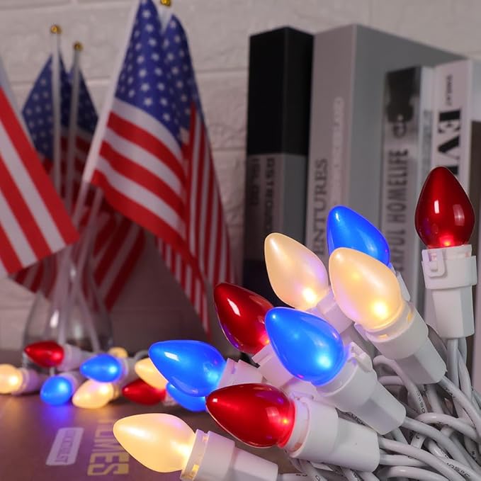 GlowVibe Red White and Blue String Lights, 4th of July, C3 Glass 13.5 ft 50 LED Plug in Lights for Home Patio Garden Yard Memorial Day Independence Day Patriotic Decorations Outdoor, White Wire