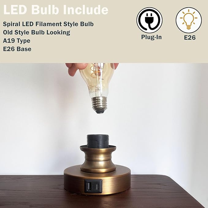 Mid Century Glass Table Lamp,Dimmable Desk Lamp,LED Bulb Included,Touch Control & USB A+C Port,Cognac Amber Seeded Glass
