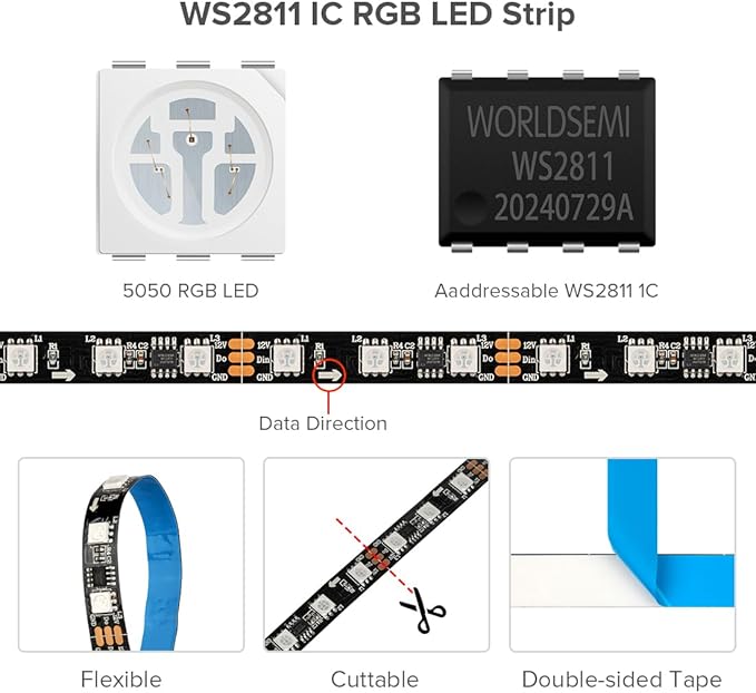 BTF-LIGHTING WS2811 IC=RGB+IC Addressable Dream Color LED Strip 16.4FT 30LEDs/m 10Pixels/m IP67 Waterproof Black PCB Flexible DC12V Chasing Effect for Home Indoor Decor(No Adapter or Controller)