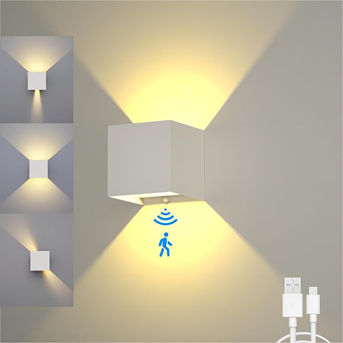 Motion Sensor Wall Light Indoor, 6000mAh Battery Operated Wall Sconce, Rechargeable Wall Light, Magnetic Cordless LED Energy Saving Night Light for Hallway Stairway Porch, White