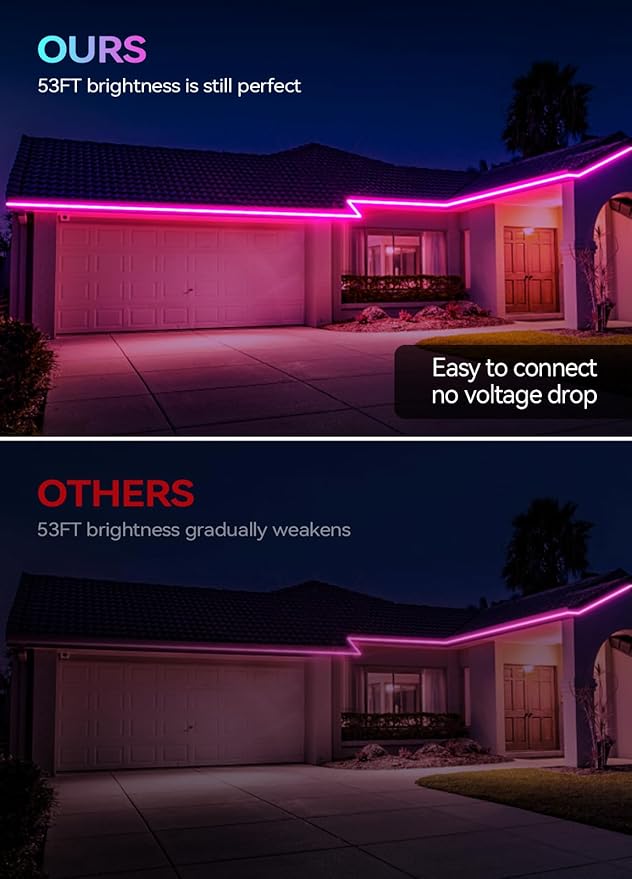 IP67 50FT Continuous RGB+IC DIY Design Outdoor Led Strip Lights Waterproof with Wi-Fi+Bluetooth App Compatible with Alexa,Google Assistant,Themable for Football Clubs Color Changing LED Rope Lights