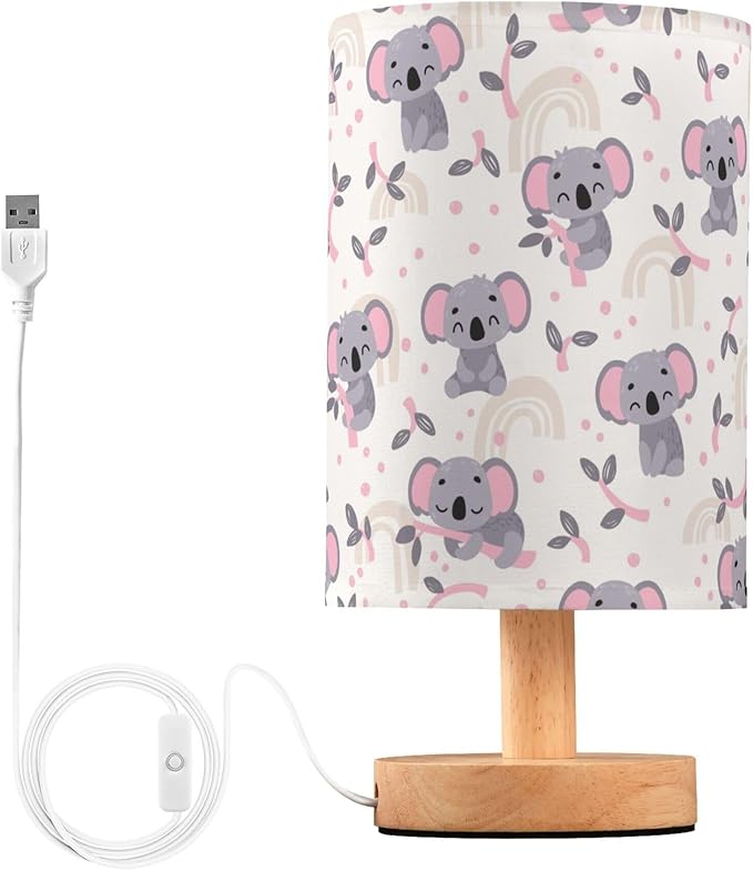Table Lamp Cute Koala Eucalyptus Branch Scandinavian Pattern Nightstand Lamp with Wood Base Fabric Lamp Shade Bedside Desk Lamp for Living Room Bedroom Kids Room Office