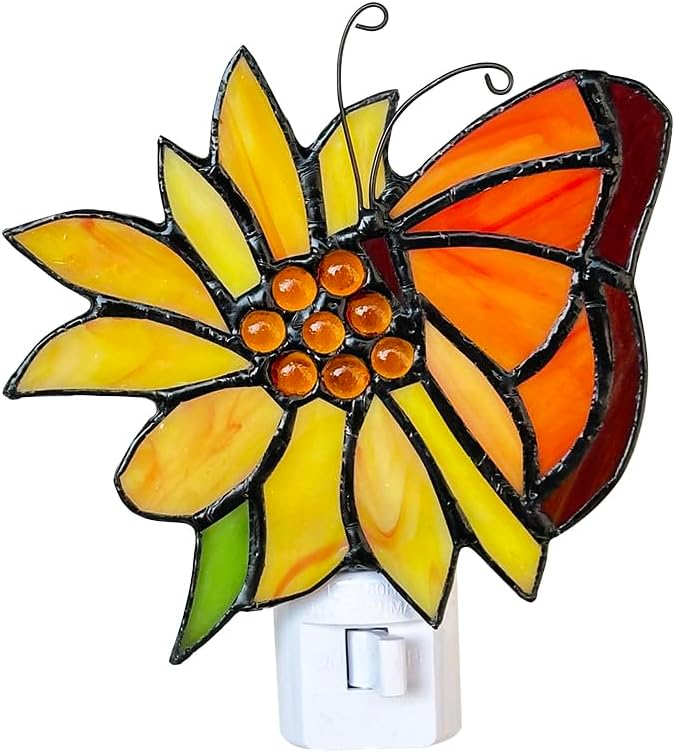 Stained Glass Butterfly Night Light.Butterfly Night Light Bedroom Bed Light Gifts from Nature,Nature Night Light.DYM1001 (Flower Butterfly)