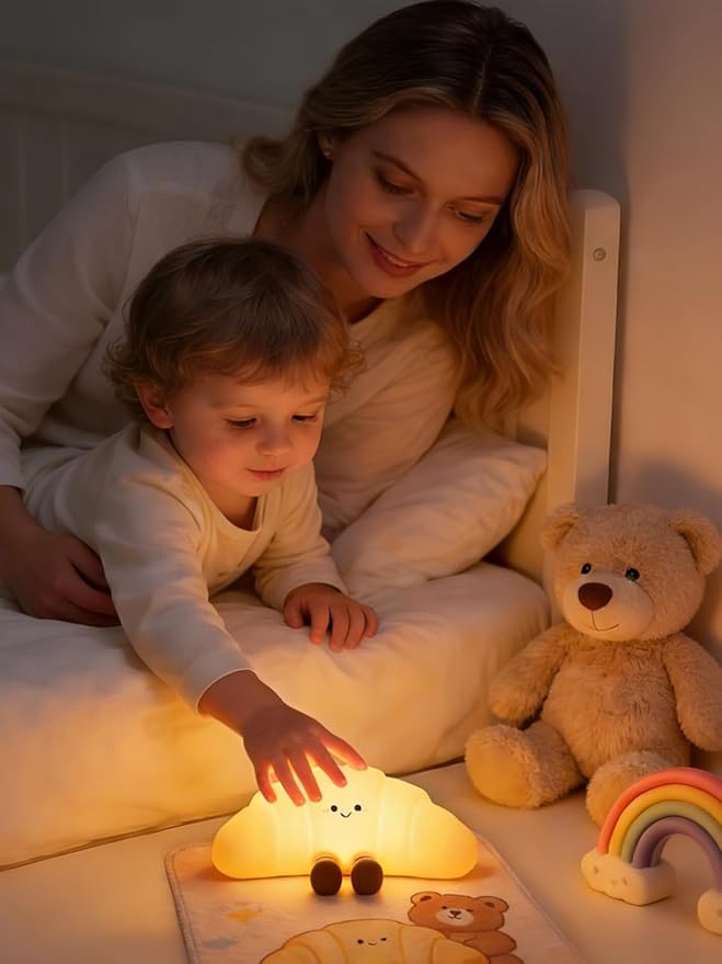 QANYI Croissant Night Light with Color Changing & 3 Brightness, Rechargeable Silicone Night Lamp for Kids & Adults - Soft Glow, Squeezable & Flexible Mood Light for Bedroom, Nursery, Desk Decor